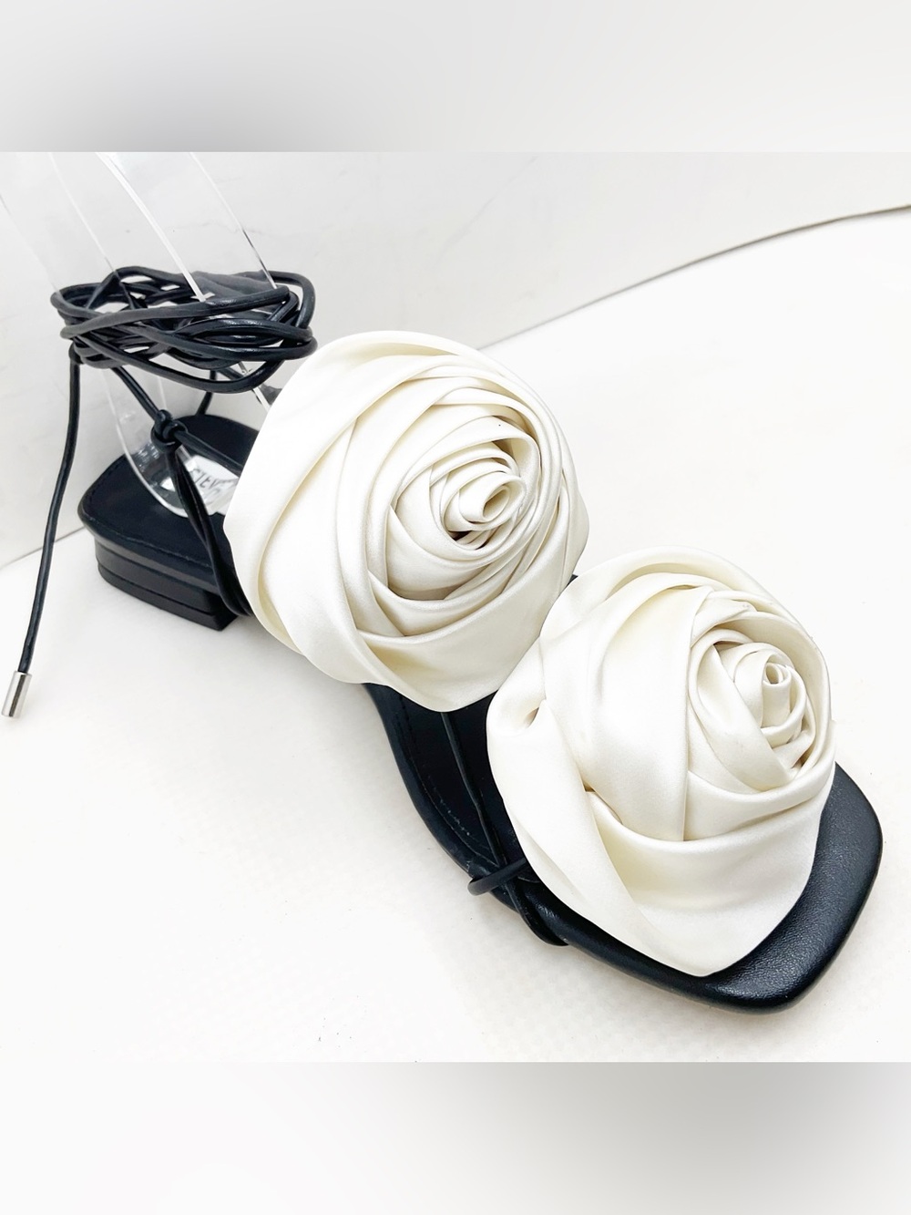 {Steve Madden} Rosalind Ivory Satin Rose Lace-Up Sandals - Picture 4 of 14